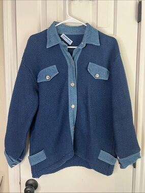 Vintage Denim-Trim Knit Shacket - Navy